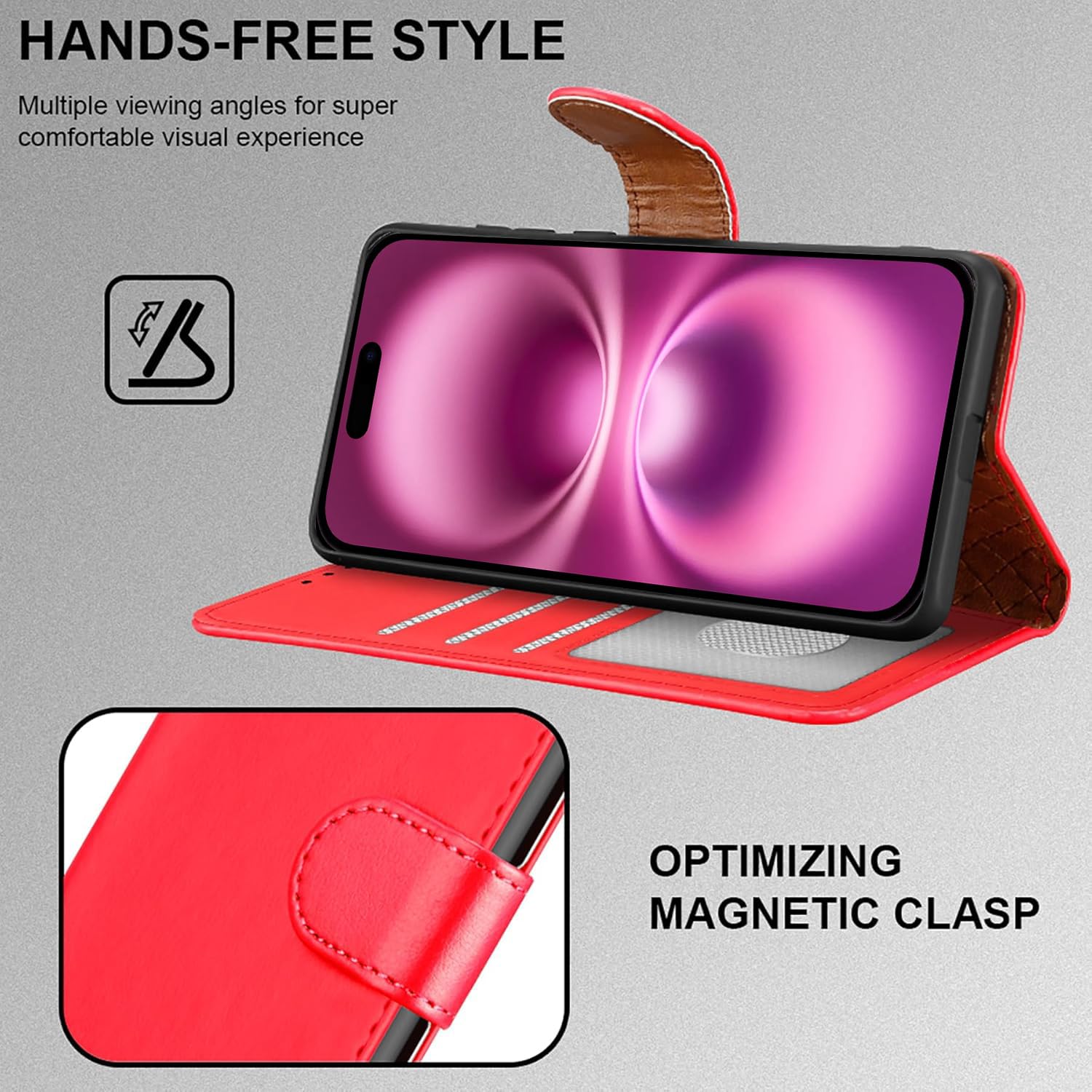 iCatchy iPhone 16 Leather Wallet Case - RFID Blocking Protective Flip Cover with Credit Card Holder Storage & Integrated Kickstand, Red - Image 4
