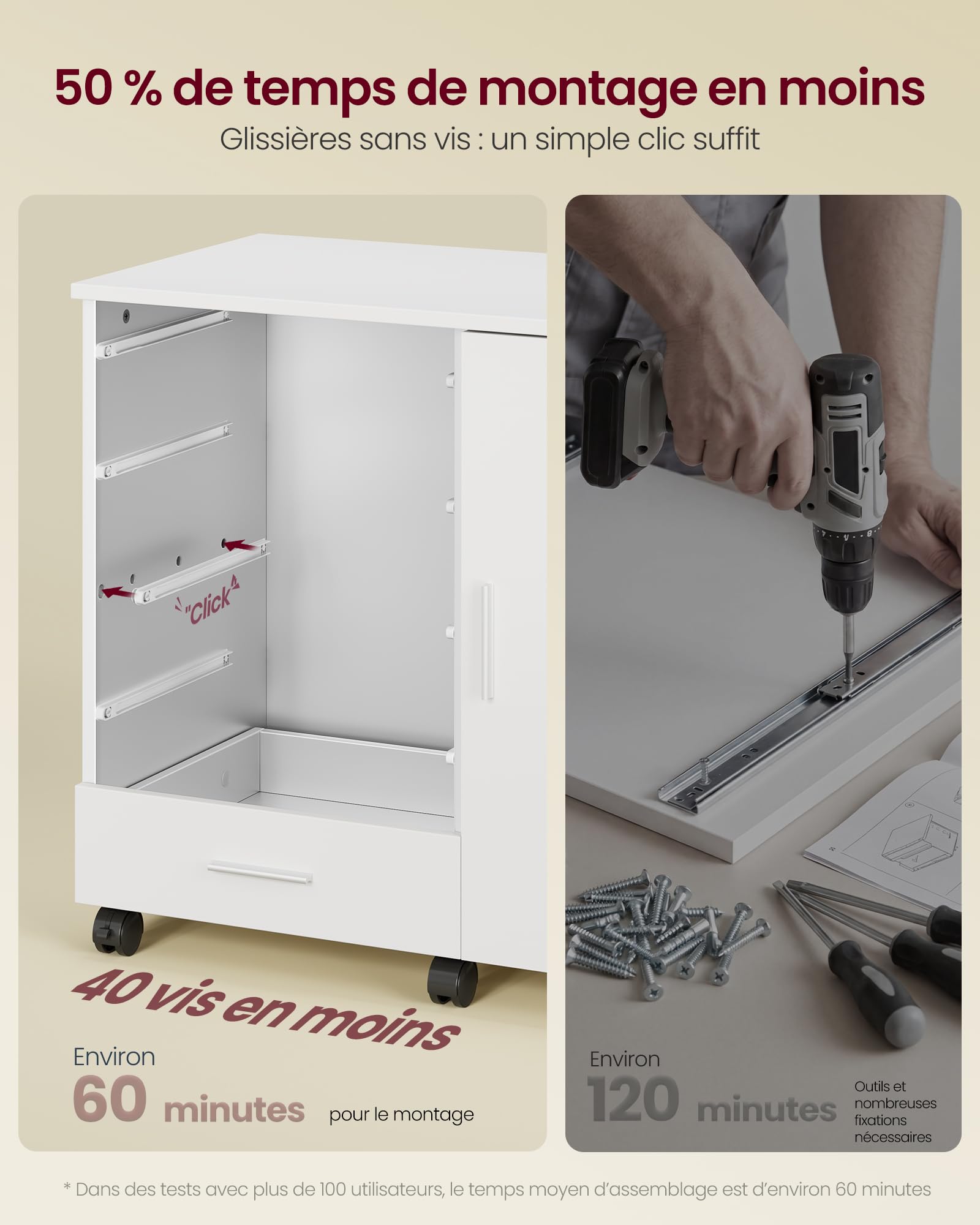 VASAGLE Caisson de Bureau, Meuble de Rangement avec 5 Tiroirs et 1 Porte, Support Imprimante sur roulettes, 80 x 40 x 65 cm, Blanc, pour Bureau à Domicile, Collection Custos OFC092WB02