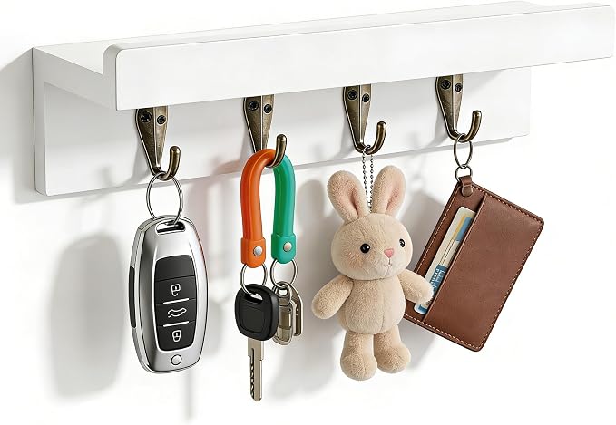 Key Holder Wall Mount, Rustic Wood Key Holder for Wall with 4 Hooks for Key Hanger to Organize Keys and Mail, Room Decor Key Hanger(White)