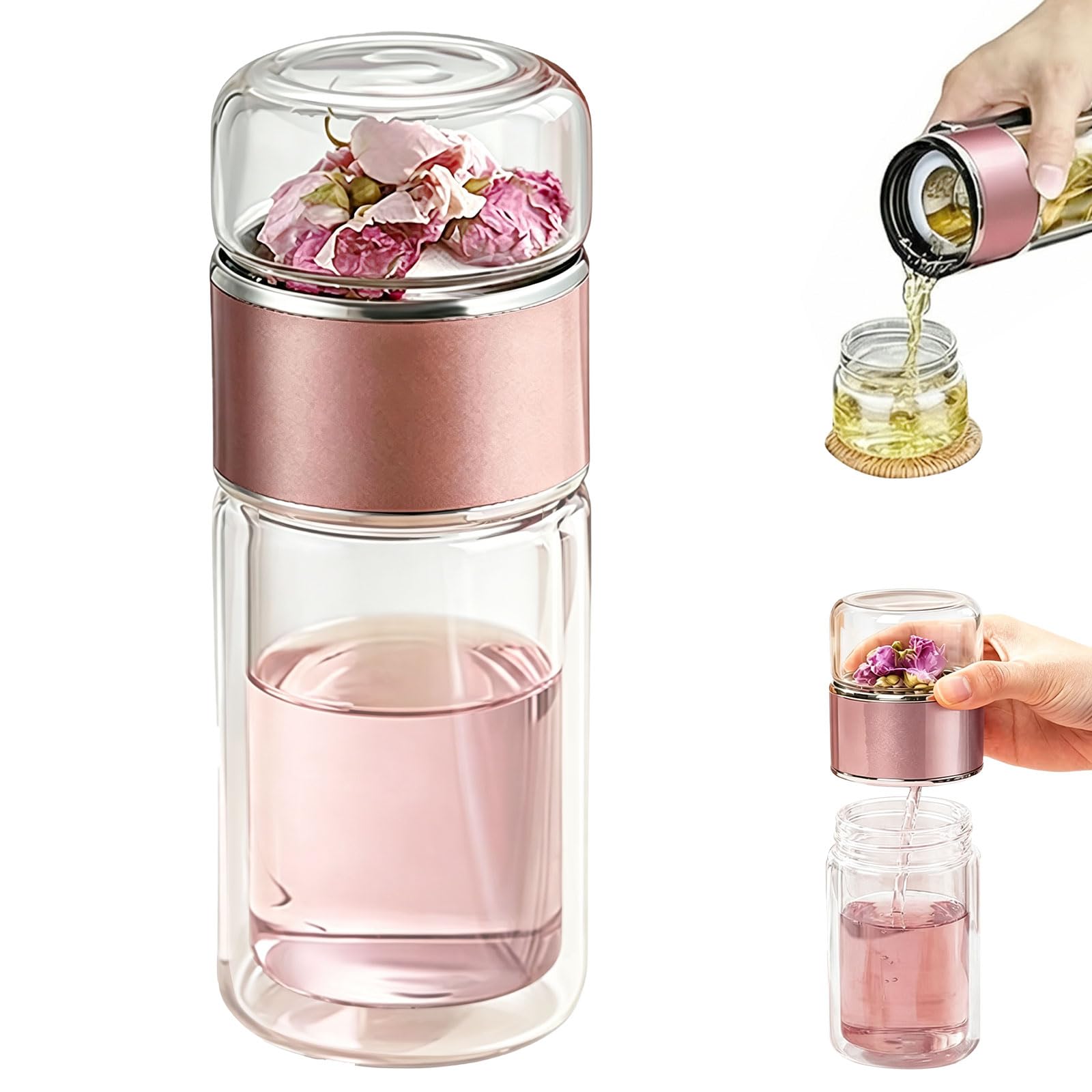 LIRONGTAGE 3-In-1 Smart Tea Infuser Bottle, 350ml Glass Tea Infuser Mug, Portable Double Glass with Integrated Strainer, Flip And Brew Tea, Smart Water Bottle for Loose Leaf Teas And Infused