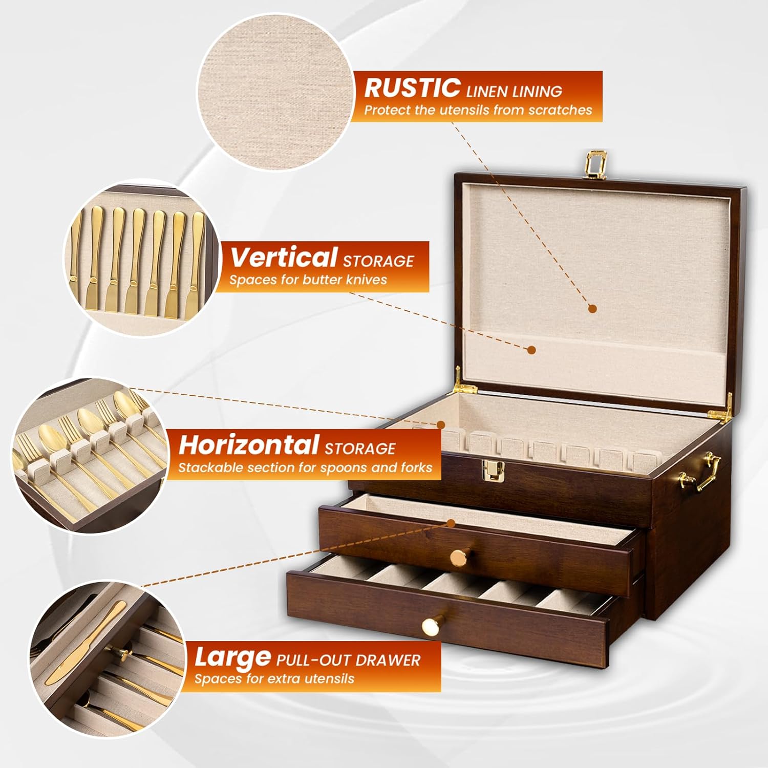 Silverware Storage Box, 3-Layer Flatware Storage Case with Drawer, Wooden Silverware Chest with Handle and Linen Liner, Rustic Silverware Case for Storing Fine Flatware and Utensils (Walnut) - Image 3