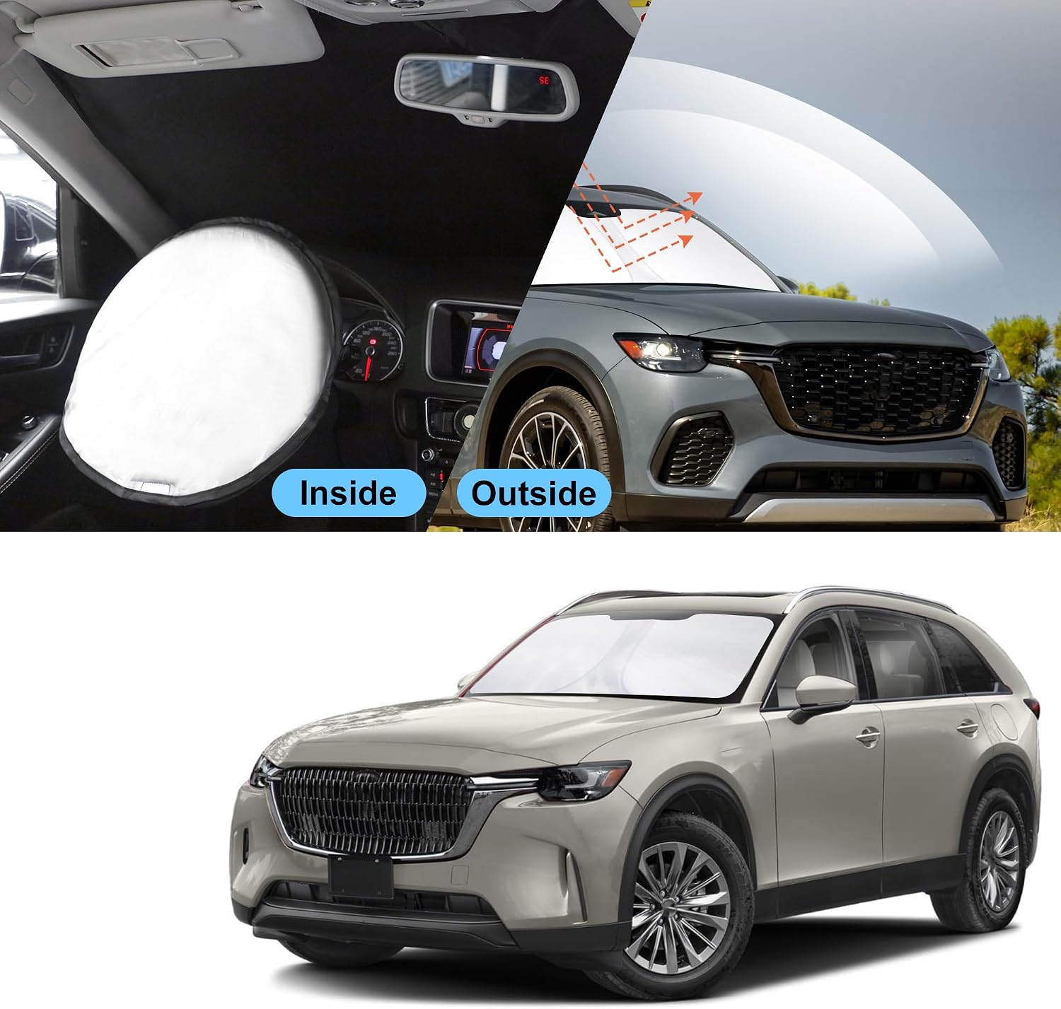 TINGLU Sun Shade for Mazda CX90 CX-90 2024 2025 2026 Accessories Windshield Sun Shade Window Shade UV Rays Protection Sun Visor Cover with Steering Wheel Sunshade Storage Bag