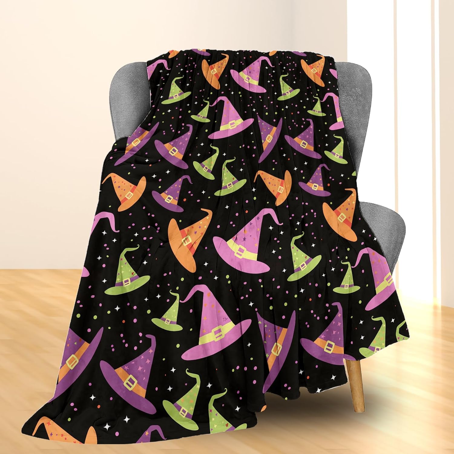 Witch Hat and Stars Halloween Blanket - Soft Cozy Lightweight Flannel Throw Blanket for Adults Kids, Warm Fuzzy Blankets for Couch, Bed, Travel, Outdoor Use, Home Decor 60×50 in