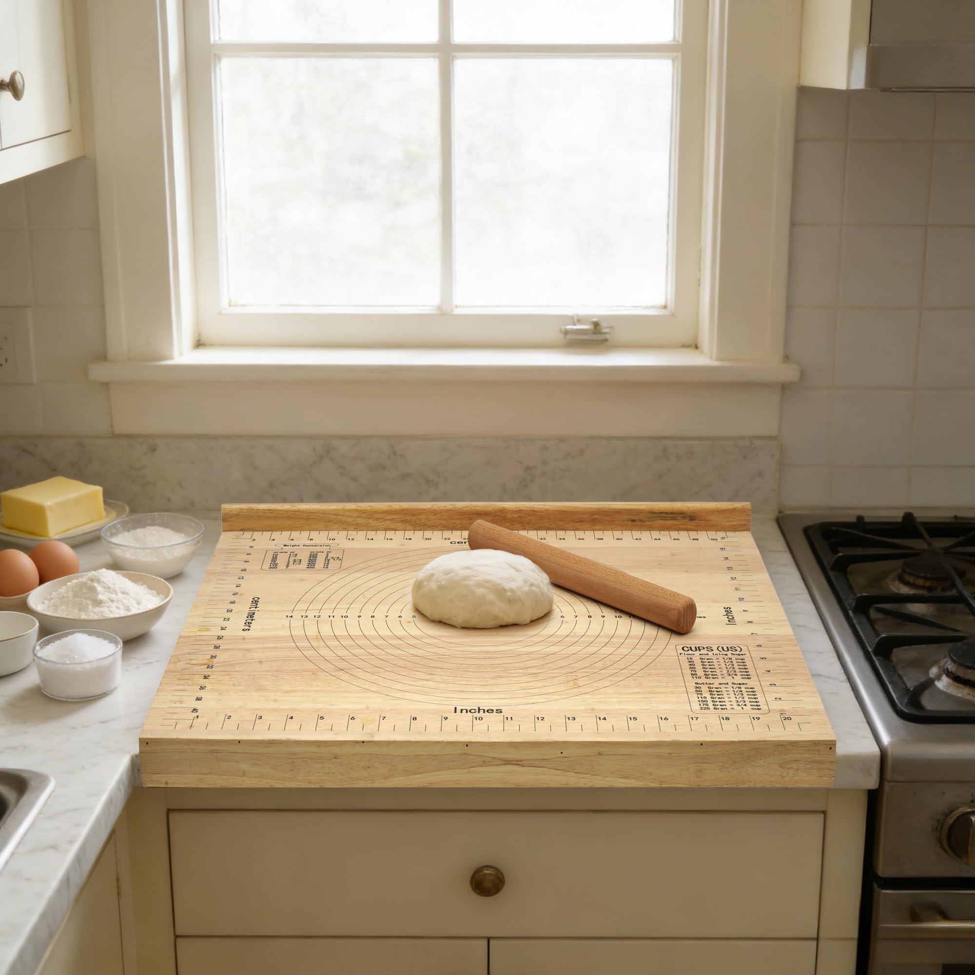 Schneidebrett Holz mit Skalenlinien 50×60cm×1,5cm Brotbretter mit Nudelholz aus Holz Küchenbrett mit Anschlagkante Frühstücksbretter für Arbeitsplatte Küche, Bar, Restaurants