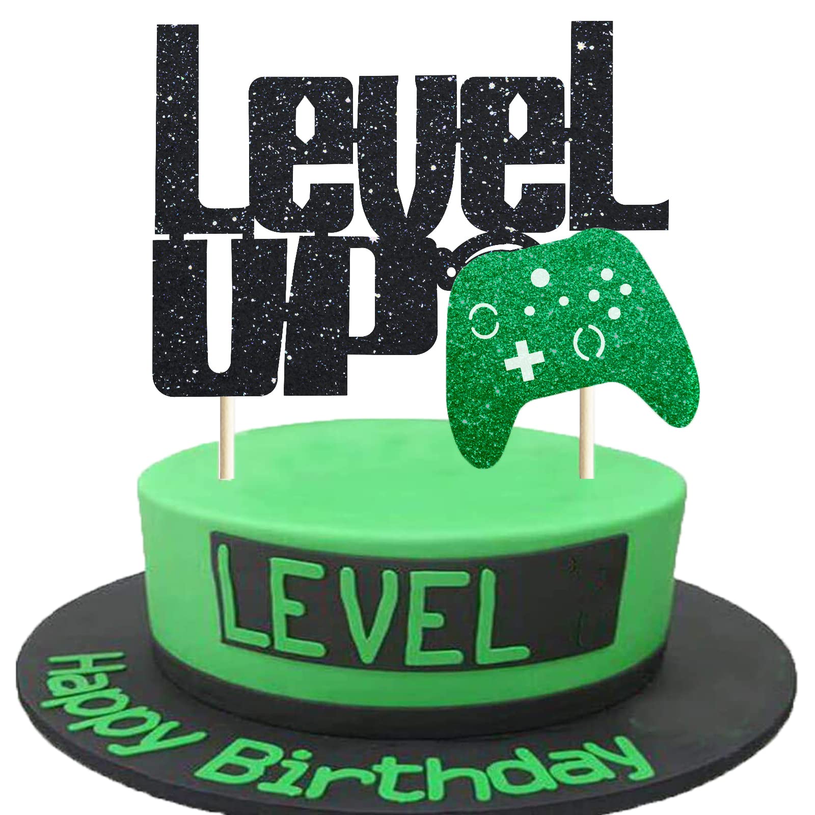 Level Up Cake Topper Black and Green Glittery Video Game Party Cake Decor Video Game Controller/Game Fans/Gamer/Gaming Themed Kids Boys Happy Birthday