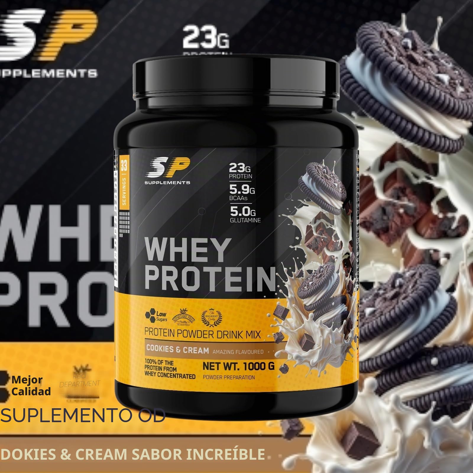 SP - Whey Protein - Concentrado de Proteína Whey de suero de leche en polvo - sin grumos - 1kg Sabor Cookies & Cream