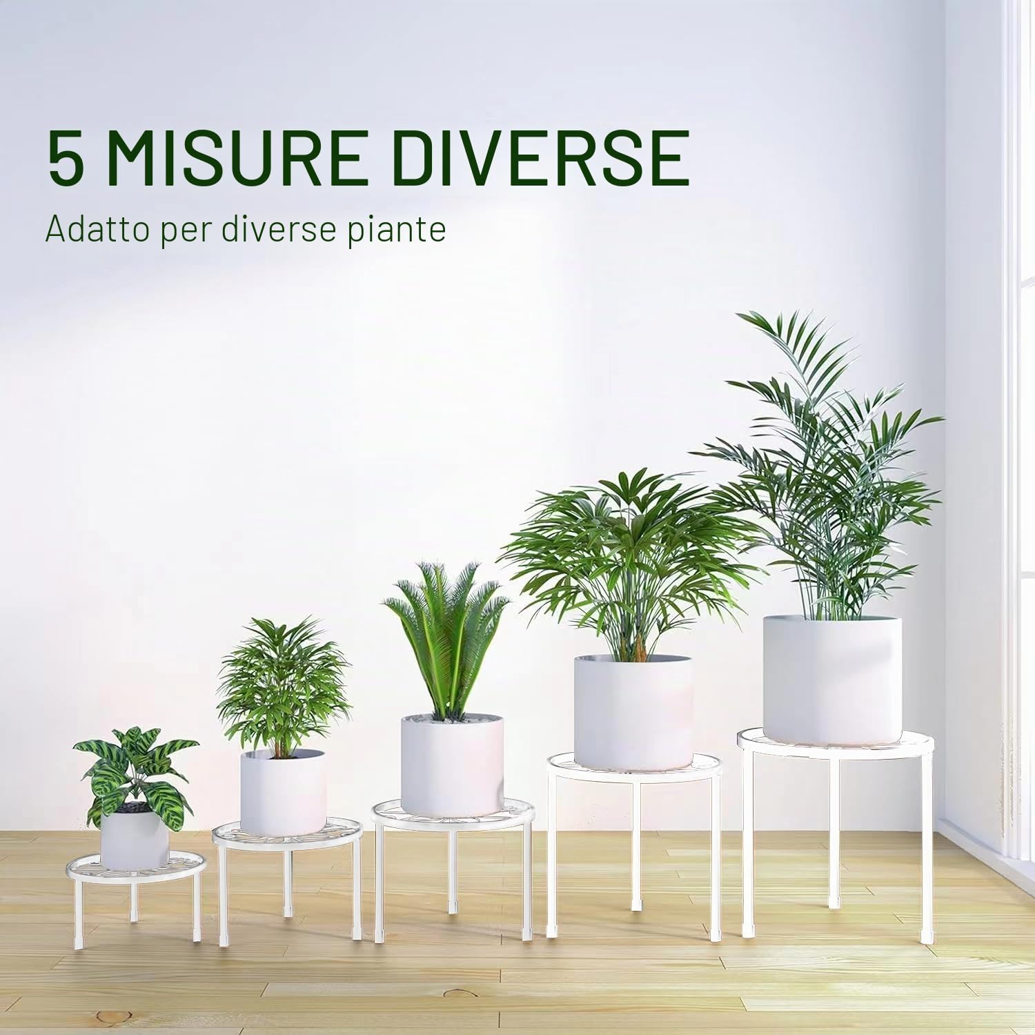 Set di 5 supporti per fiori in metallo, per interni ed esterni, piante da giardino, per scale per piante, in ferro antiruggine, decorazione per casa e giardino (bianco)
