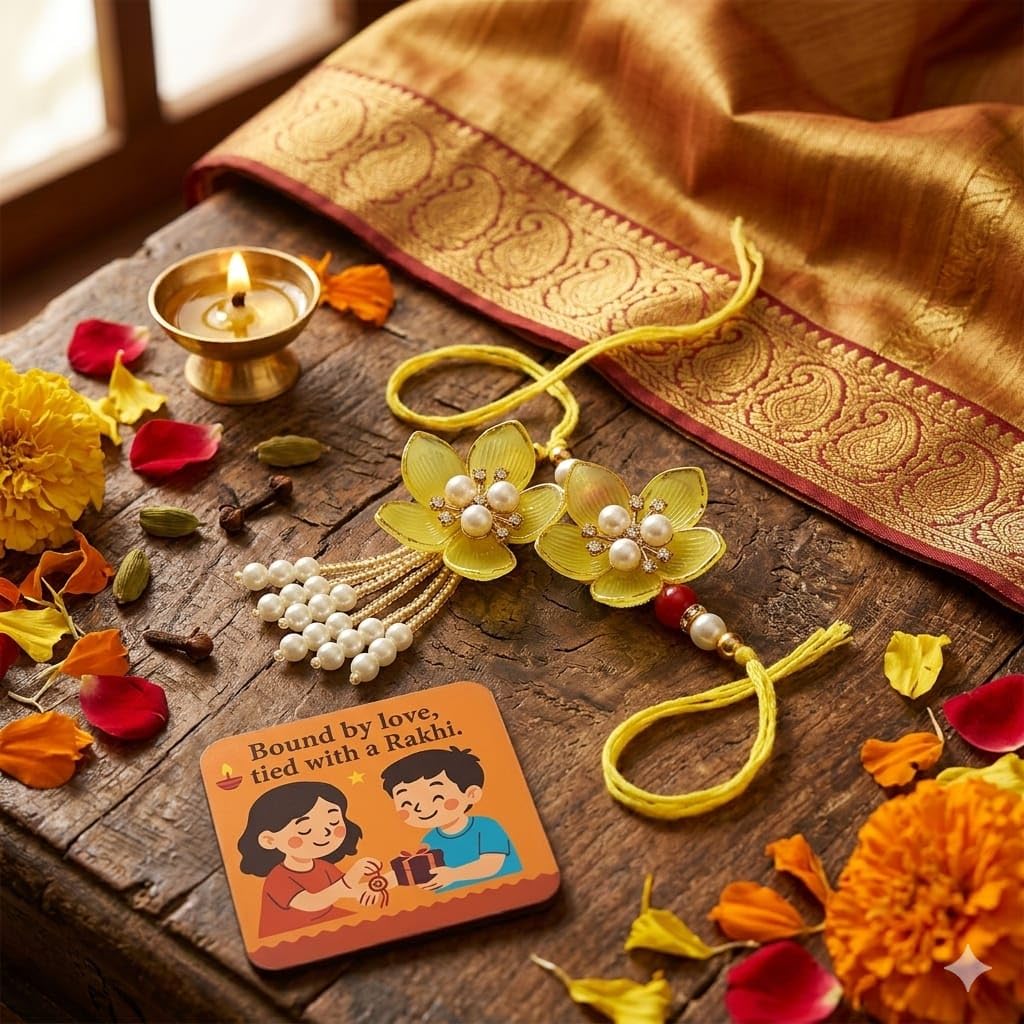 SAUDEEP INDIA Decorative Fridge Magnet for Refrigerator Decor | Yellow Flower Couple Rakhi Set for Bhaiya Bhabhi | Raksha Bandhan Gift Combo | Cotton Thread Rakhi Festive Home Decor(Model 5)