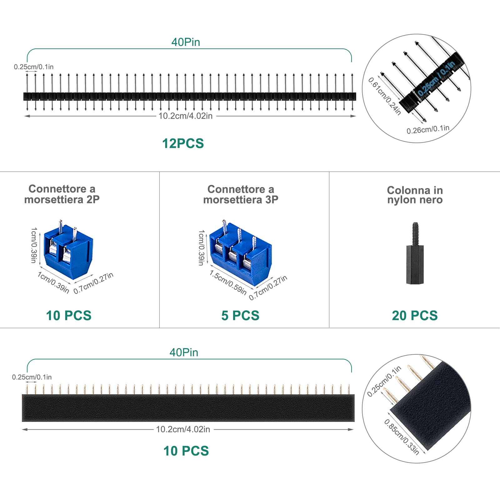 Miuzei Set di 48 schede PCB 12 schede prototipo a doppia faccia universali per saldatura con 10 morsetti a vite a 2 e 3 pin10 connettori maschio/femmina e 16 colonne in nylon