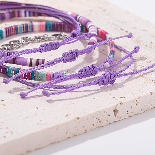 Miniatura 7 de FANCY SHINY Tobilleras impermeables con cuentas de arcilla bohemias, pulseras de tobillo de tela de acero inoxidable, juego de tobilleras para playa