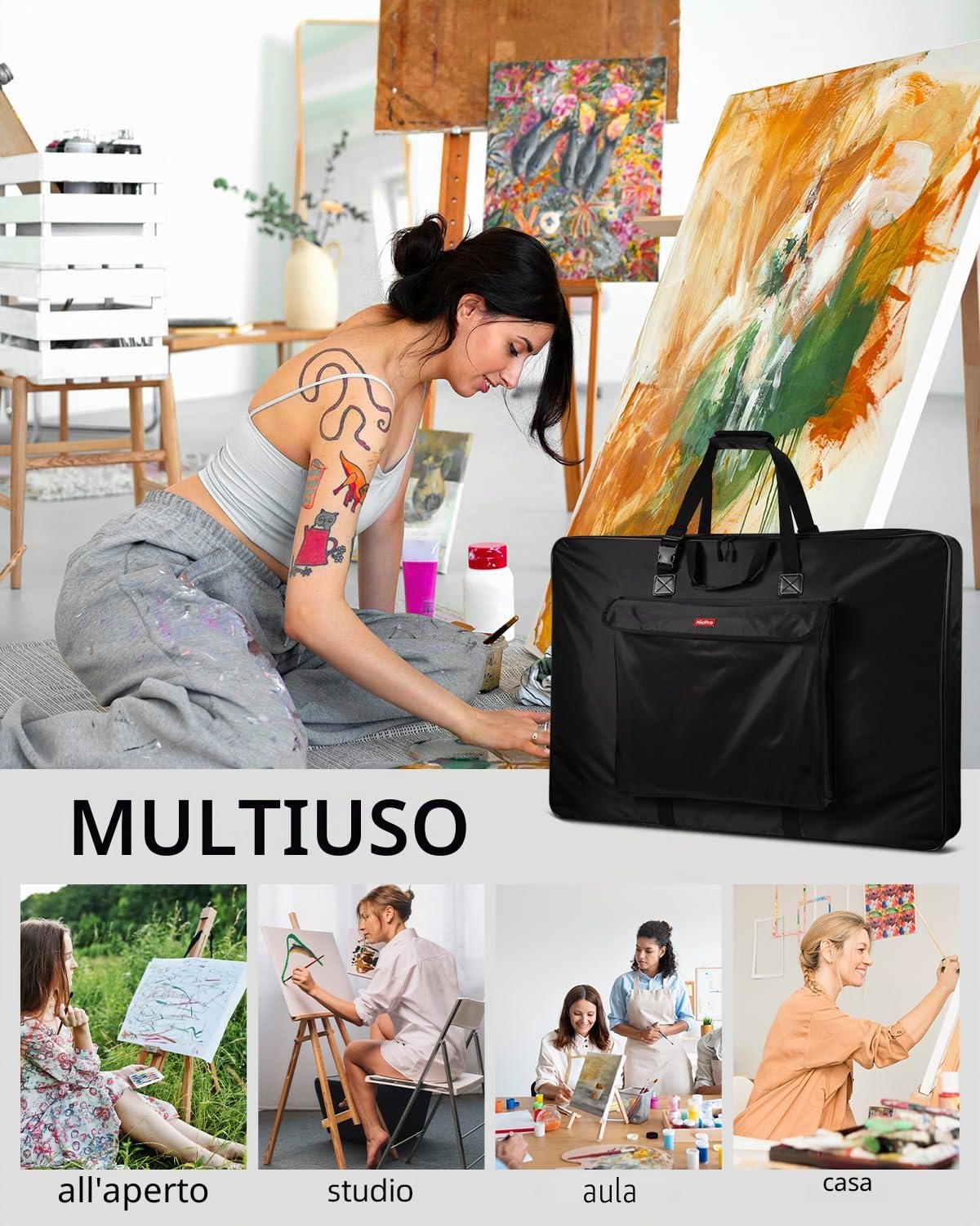 Nicpro Borsa portfolio per artisti, 86 x 106 cm, impermeabile, con lati morbidi, con cinghia, per riporre opere d'arte, schizzi, disegni, fotografie, Nero, 34 x 42 inches, Moderna