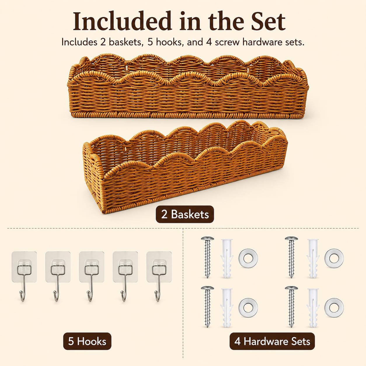 2 Pack Brown Faux Rattan Shower Caddy Baskets | Scalloped faux rattan design; 2 brown PP baskets with hooks and screw hardware for bathroom, vanity, kitchen, wall storage