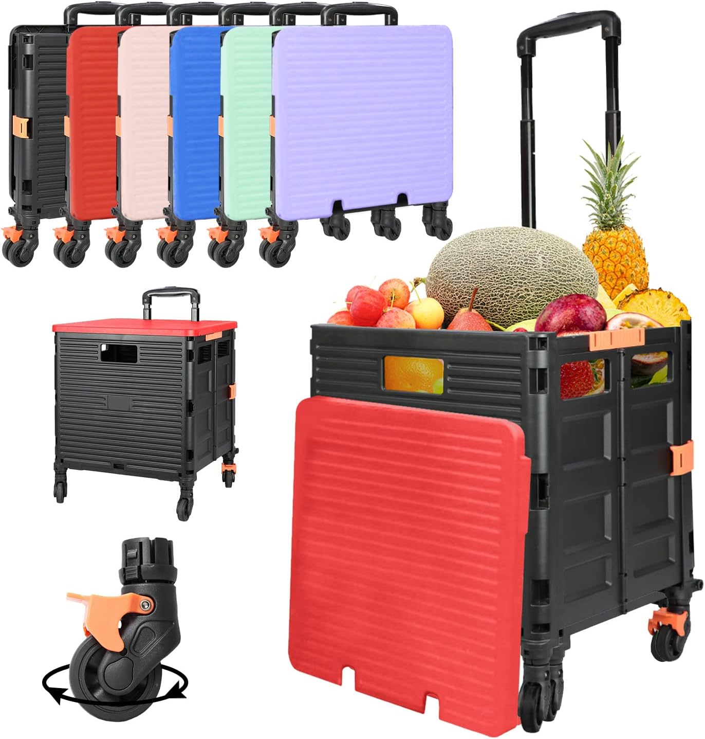 SELORSS Foldable Utility Cart Rolling Crate Handcart 110lbs Large Capacity Shopping Cart with 360°Rotate Noiseless Wheels & Telescoping Handle for Transports Groceries Office School Use（Red）