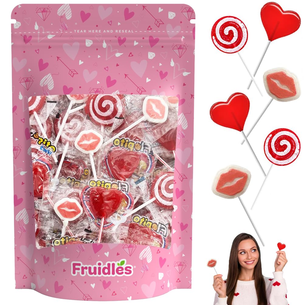 FruidlesValentine's Lollipop Party Mix, Hearts, Lips N' Swirls Mixed Fruit Flavor Assortment, Individually Wrapped (1 Pound)