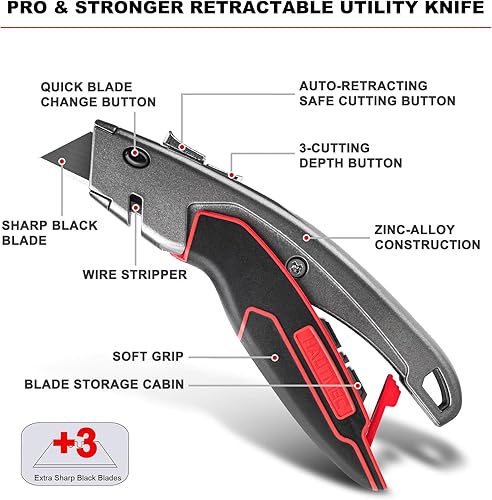 Miniatura 2 de HAUTMEC Cuchillo utilitario resistente con mecanismo de corte doble corte de seguridad auto-retráctil + precisión de 3 posiciones de profundidad de