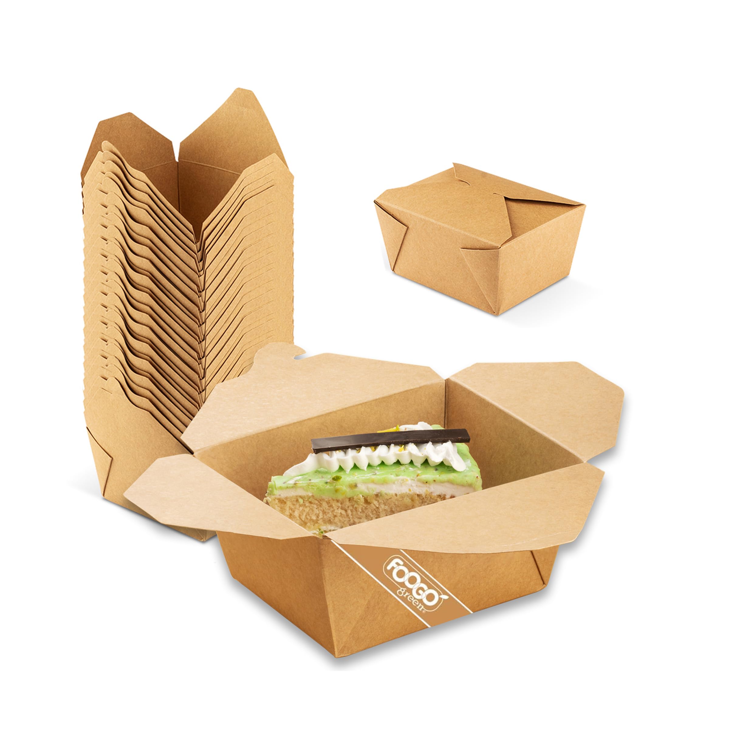 FOOGO Green 50pcs Small Kraft Food Boxes 800ml (28oz), FSC® Certified, 13x10.5x6.5cm, Disposable Cardboard Deli Containers, Eco-Friendly Takeaway Boxes for Meals, Biodegradable Food Containers