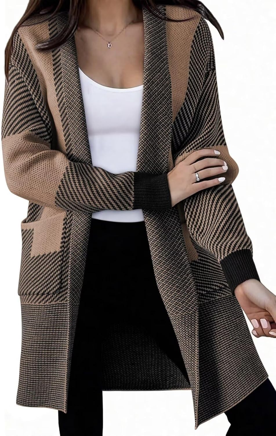 utcoco Womens Color Block Striped Open Front Oversized Long Cardigan Sweaters with Pockets