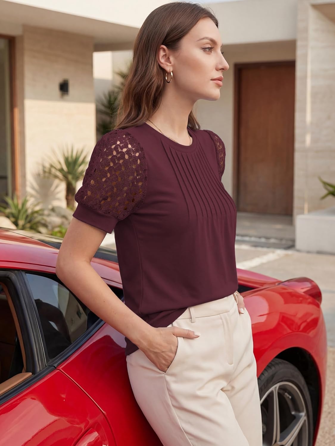 Women's Dressy Casual Blouses Puff Short Sleeve Lace Pleated Tops Business Work Shirts 2026 Trendy Summer T Shirt - Image 3