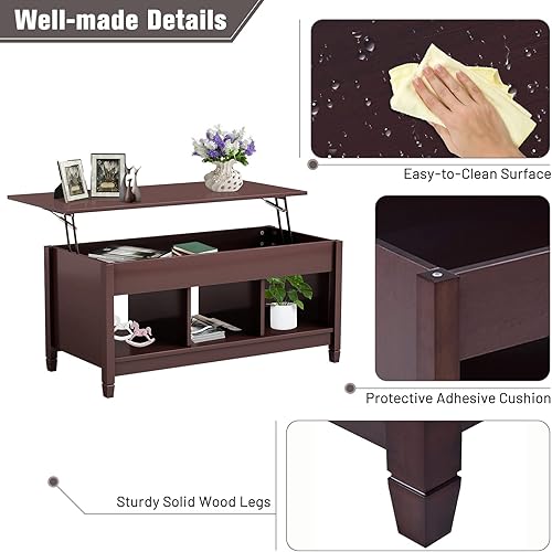 Miniatura 26 de COSTWAY Mesa auxiliar elevable, con compartimento de almacenamiento oculto y 3 estantes abiertos, mesa de té rectangular de cóctel con patas de