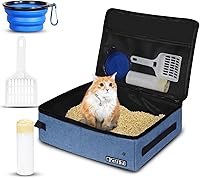 Vista 1 de Arenero portátil de viaje para gatos Petskd con tapa y 10 bolsas desechables, a prueba de fugas y plegable, accesorios de viaje para gatos para Azul