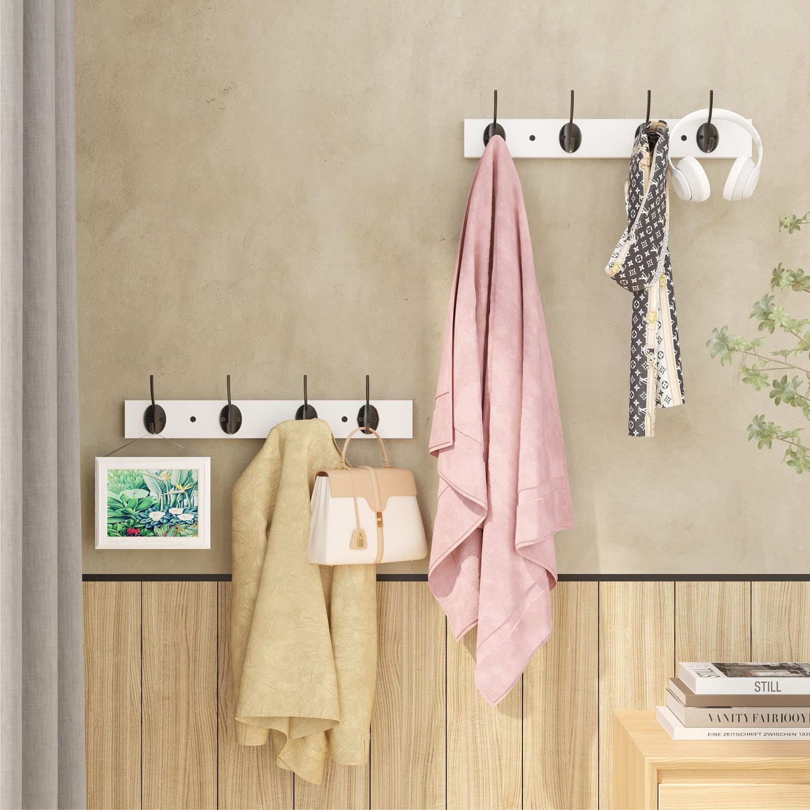 VERTORGAN Ganchos para abrigos, paquete de 2 percheros montados en la pared, ganchos para sombreros y perchero con 4 ganchos para entrada, baño, dormitorio (blanco)