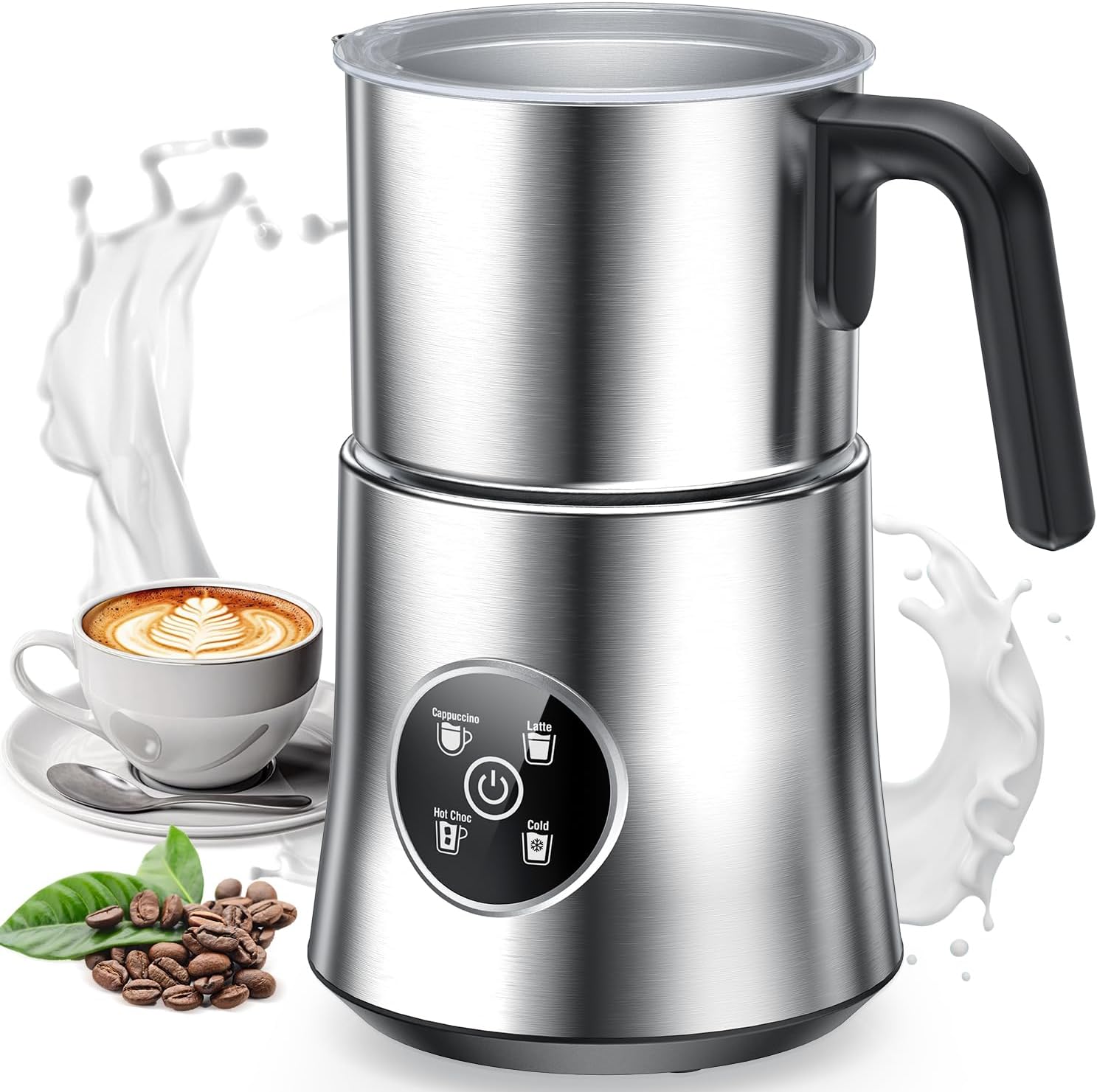 Milk Frother and Steamer, Detachable Large-Capacity Electric Frother, Milk Steamer for Coffee, Cappuccino, Latte, Choc, Stainless Steel Jug, BPA-Free Transparent Lid