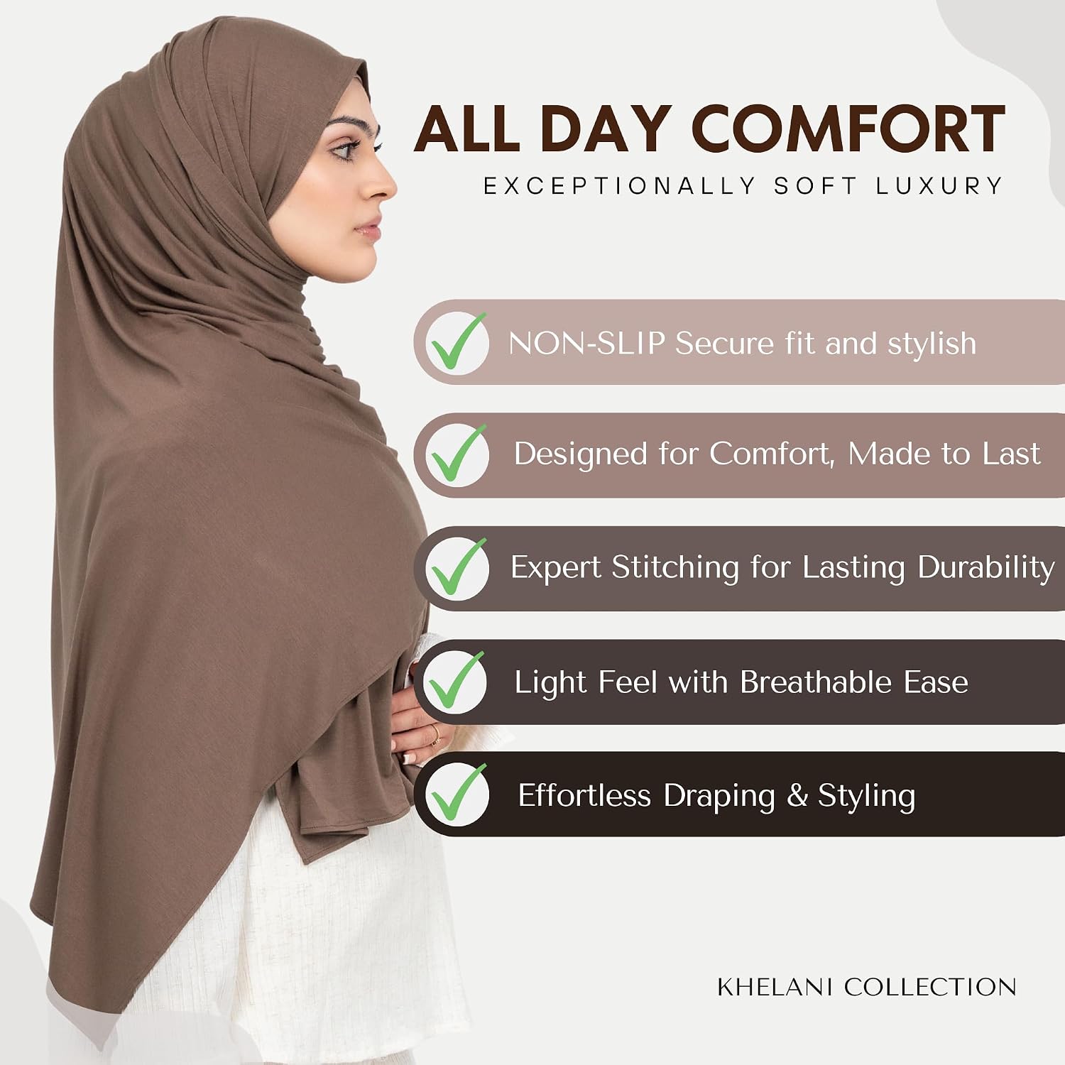 KHELANI Premium Modal Jersey Hijab, Luxury Lightweight Non Slip Stretchy Jersey Head Scarf for Muslim Women, Soft Shawls Wrap