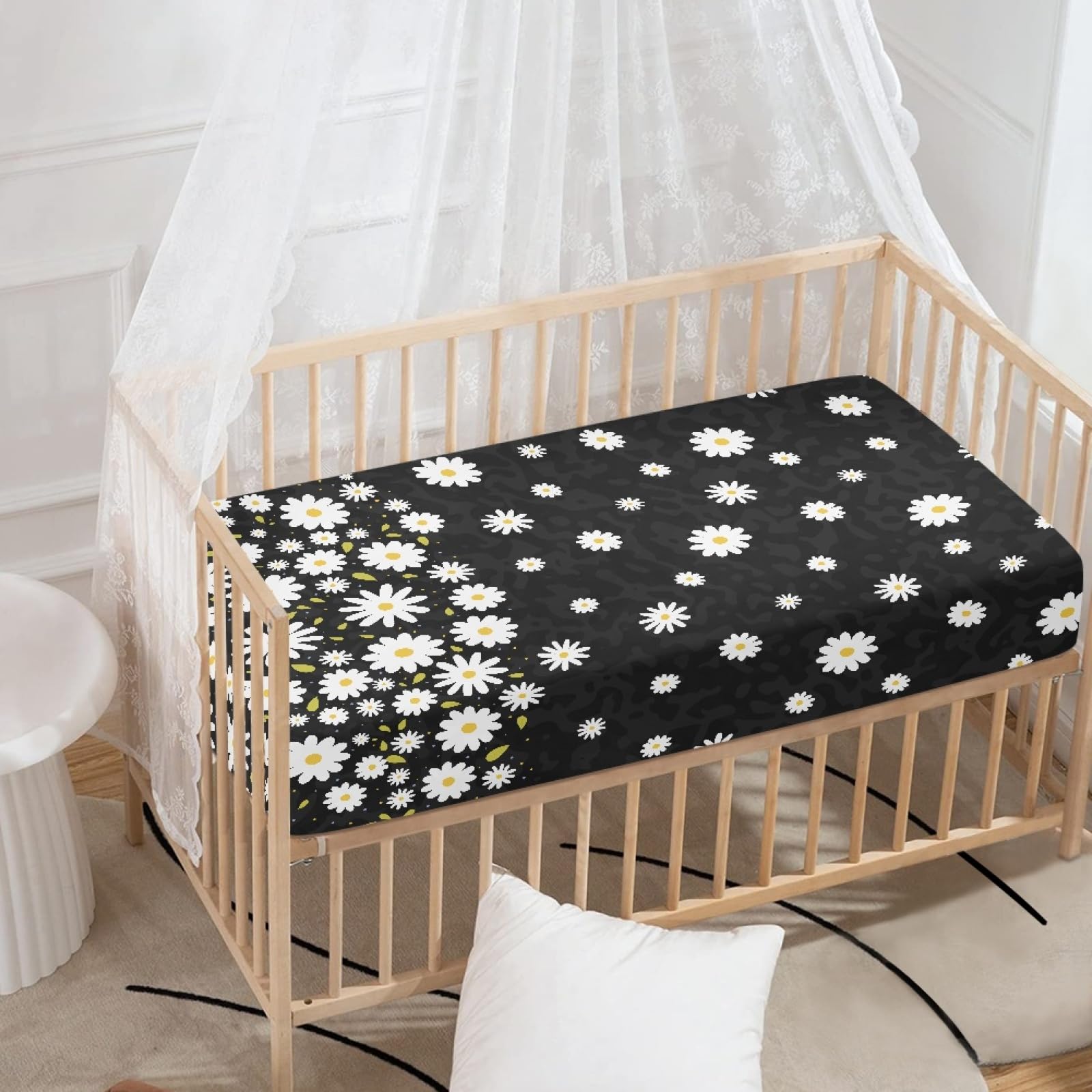Odot Cot Bed Fitted Sheets 130x70cm, Daisy Pattern Cot Bed Sheet Fitted Sheets for Cribs Baby Bed Sheets Soft Bassinet Sheets Cot Bed Mattress Protector for Boy Girl (White Flowers)