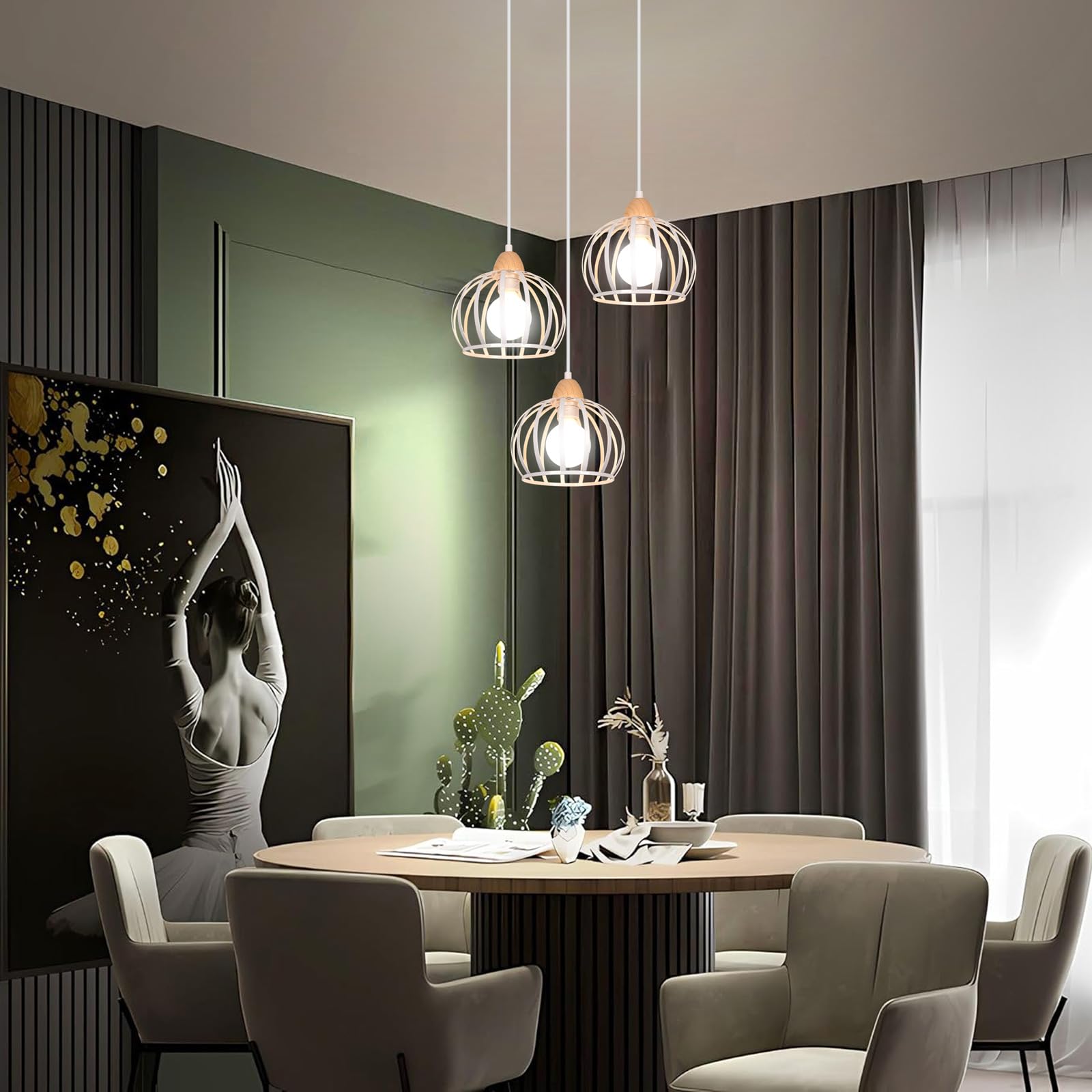 iDEGU 3 Luces Lámpara Colgante Vintage Lámpara de Techo en Madera y Metal Industrial Lámpara de Araña Diseño Jaula Retro Iluminación E27 Luz Colgante para Salón Dormitorio Cocina (Redondo, Blanco)