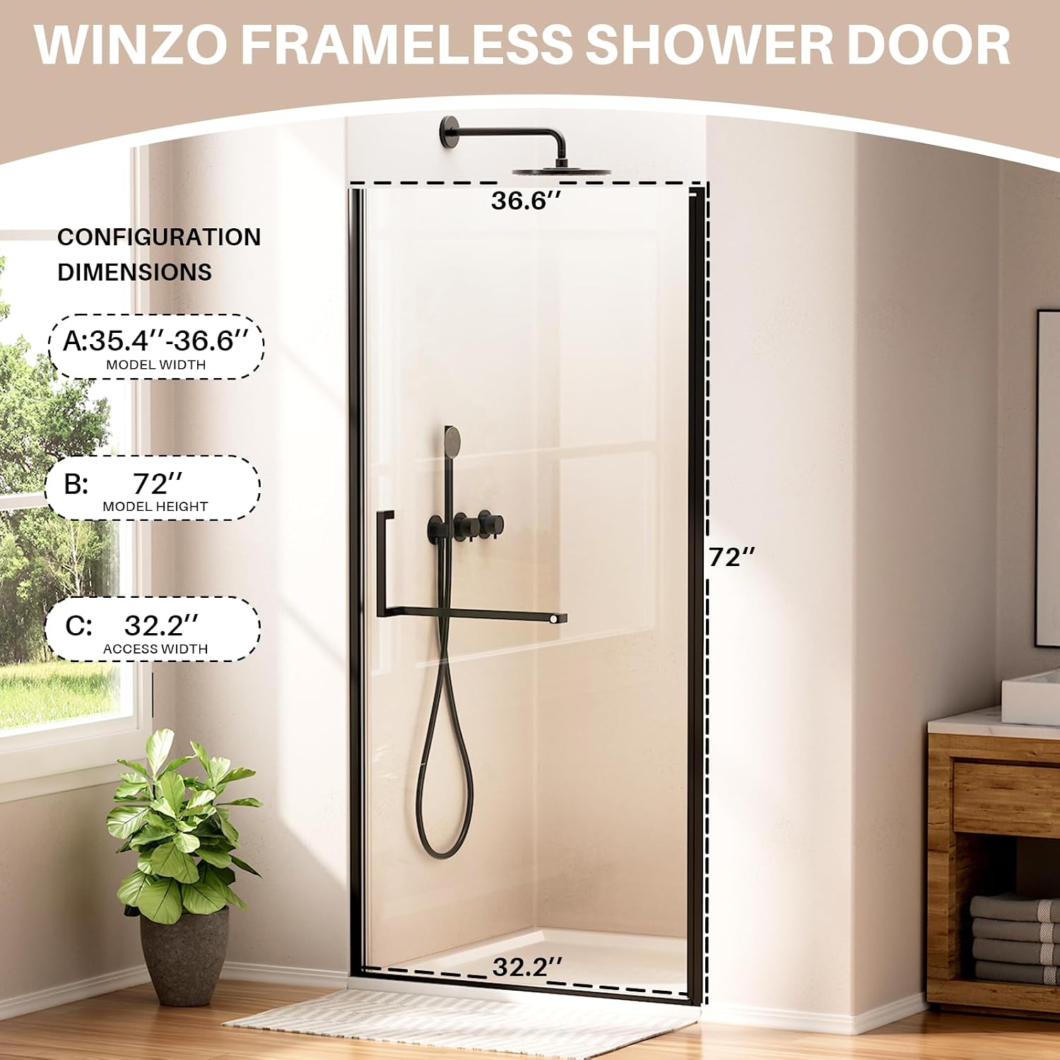 WinZo 35-36" W ×72" H Frameless Pivot Shower Door, Pivot Swing Shower Glass Doors with 1/4"(6mm) SGCC Clear Tempered Glass,Explosion-Proof Film, Reversible Installation, Matte Black
