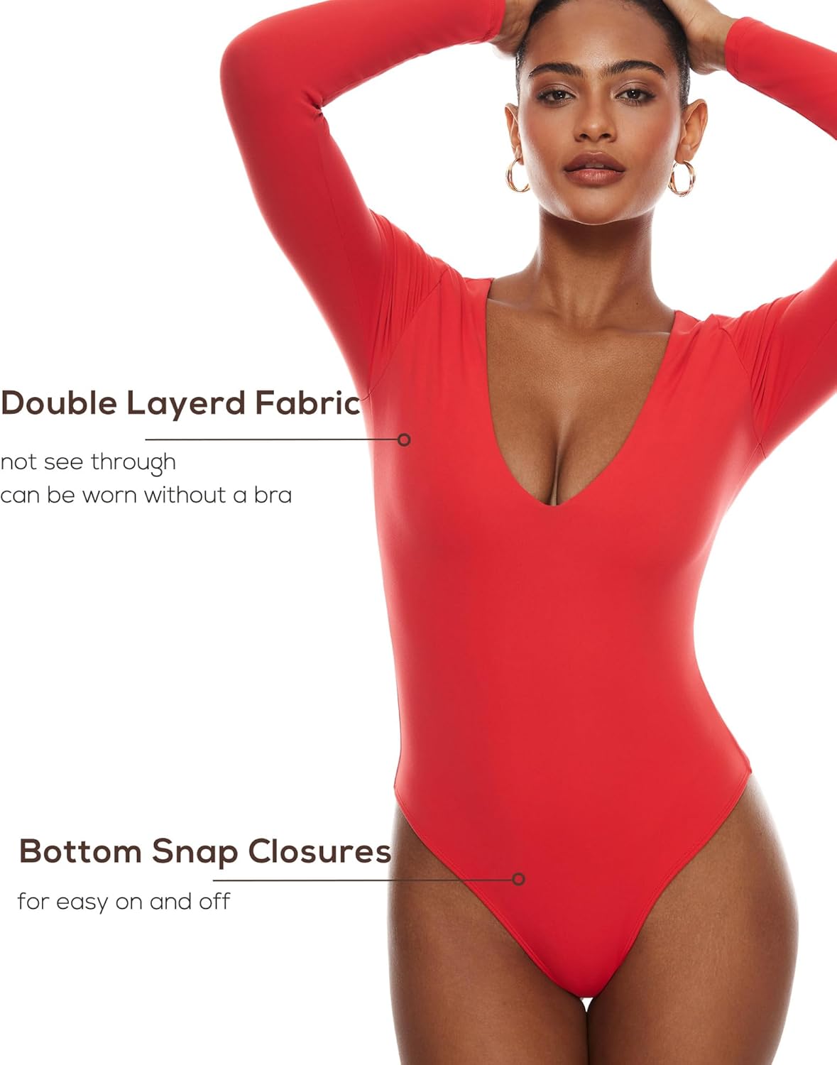 INLYRIC Women's Natrelax V Neck Long Sleeve Bodysuit Sexy Thong Body suits Tops Double Lined - Image 4