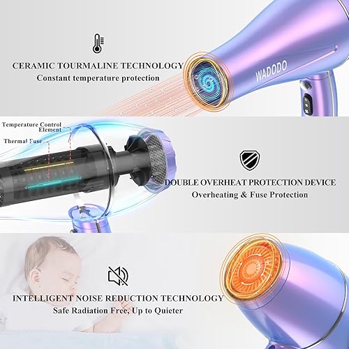 Miniatura 5 de WADODO Secador de pelo iónico, secador profesional de 2200 W, secado rápido, secador de pelo de viaje, motor de CA, temperatura constante, secador