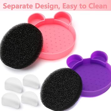 TailaiMei 2 Pack Makeup Brush Cleaning Mat with Color Removal Sponge, 2 in 1 Design Silicone Cleaner Pad for Dry Brush Color Switch and Wet Cleaning (Pink&Purple)