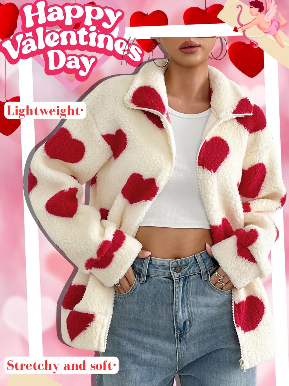 Heart Sherpa Jacket Women,Casual Zip Up Fuzzy Fleece Jackets,Cute Valentines Winter Coat With Pocket - Image 5
