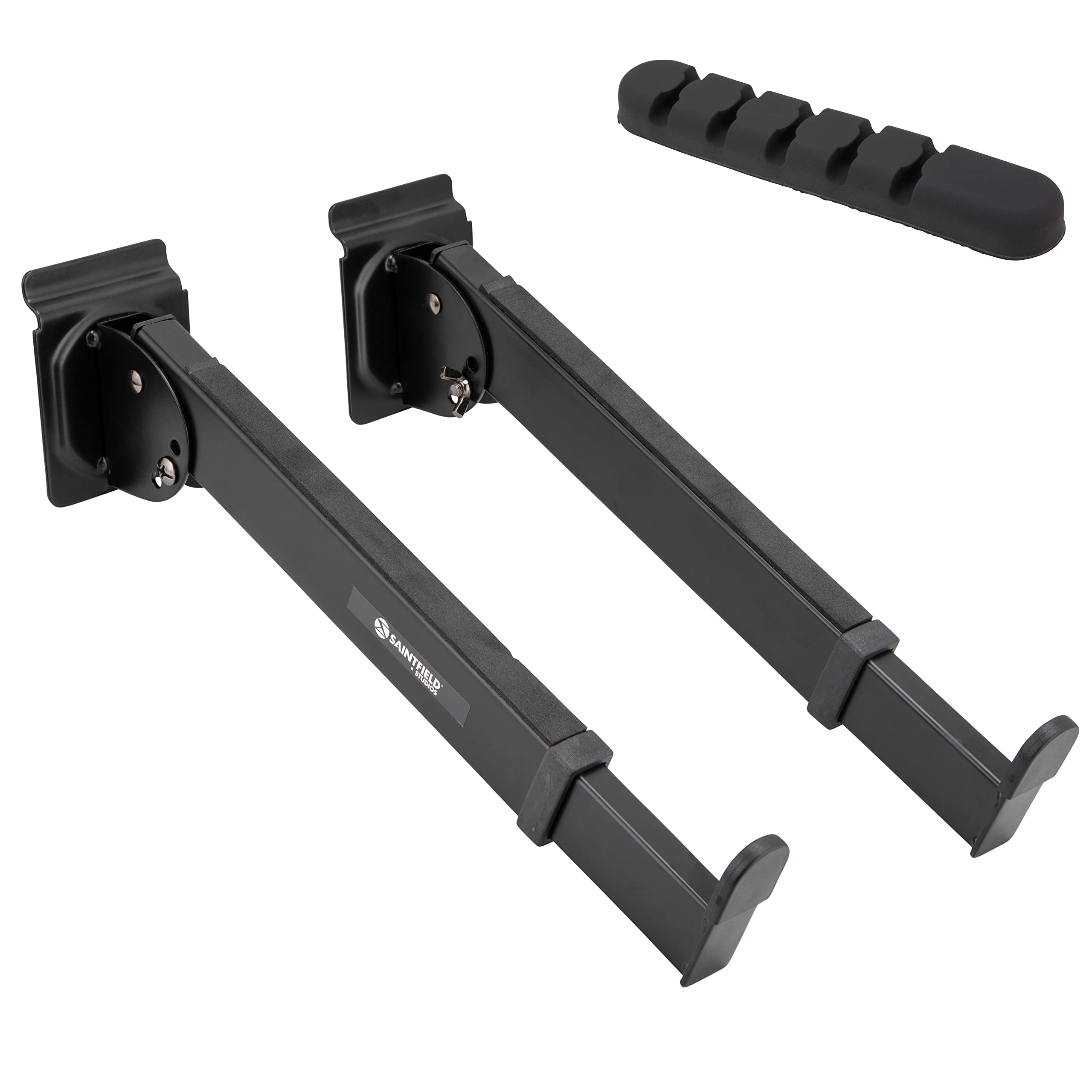Saintfield Studios - Brazos para Teclado de Slatwall - Par - Metal Negro - Ajustables con Relleno de Espuma para Estudio u Hogar - Completo con Clips de Cable de Silicona