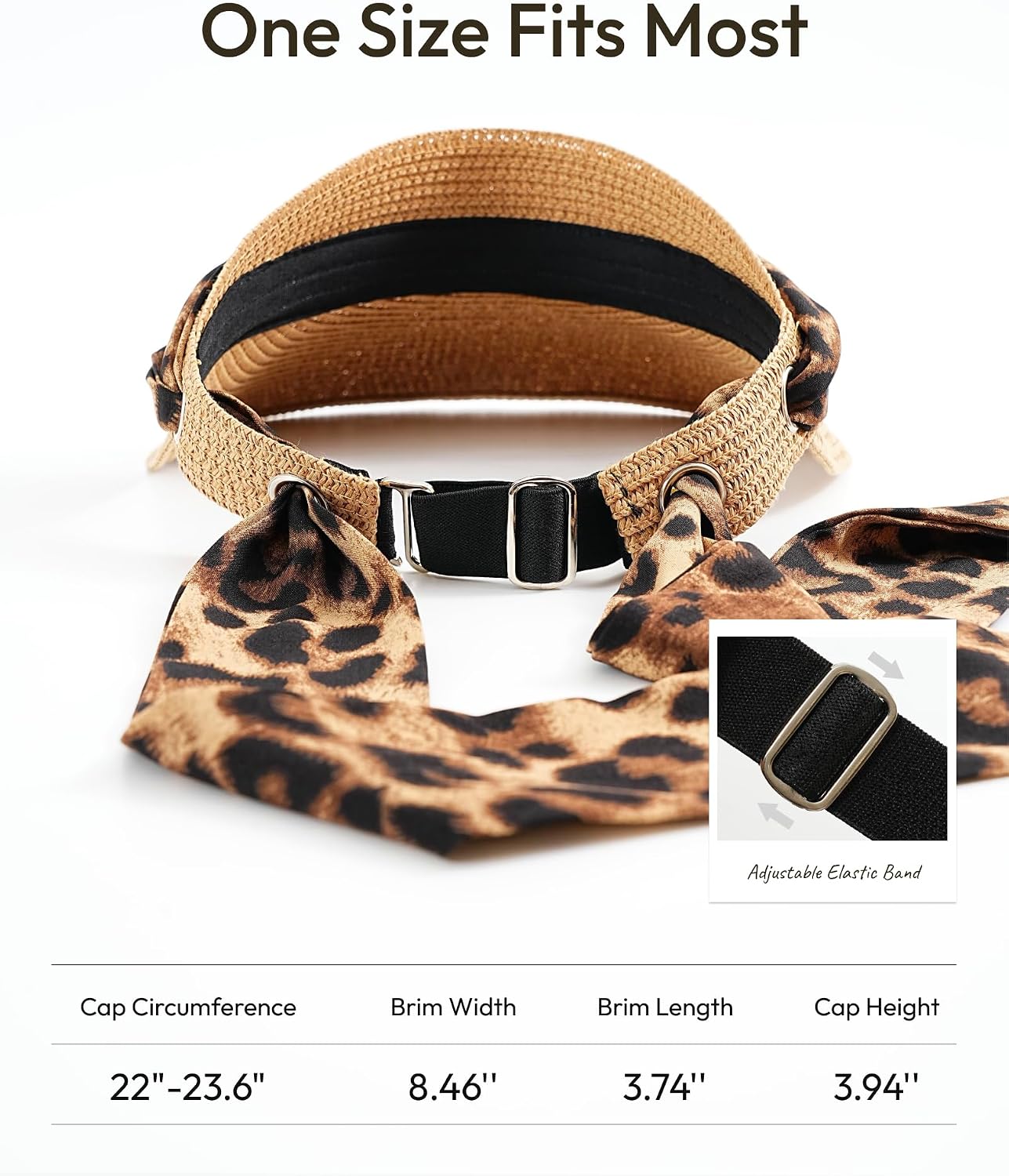 Sun Visors for Women, Leopard Print Wide Brim Straw Hat Sun Visor for Women UV Protection Summer Vacation, Foldable Packable Beach Hat Khaki