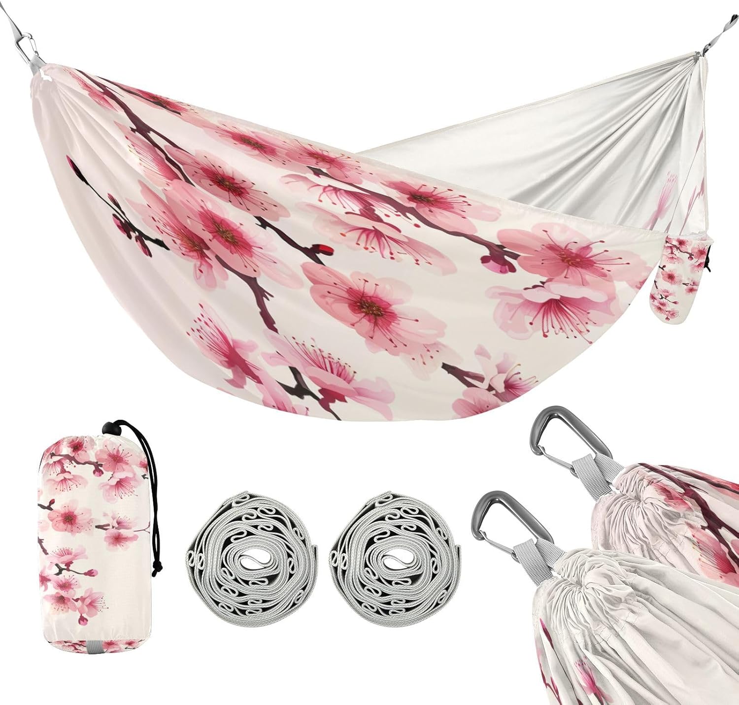 ALAZA Pink Cherry Blossom Flower 4 Camping Hammocks Single or 2 Person 500 lbs Portable Parachute Travel Hammock w/Tree Straps for Hiking Backpacking Indoor Outdoor