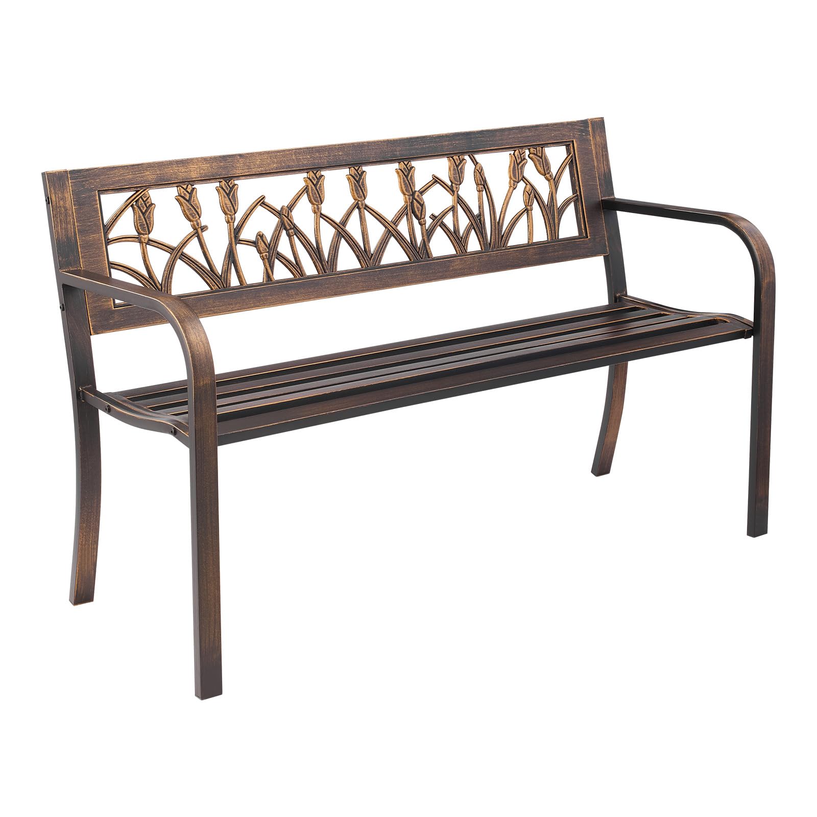 VEVOR Outdoor Bench, 50 inch, Carbon Steel Metal Frame with PVC Floral Pattern Backrest and Round Edge Armrests, Weatherproof Outside Bench for Patio,