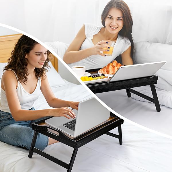 VASMIA Vassoio letto con gambe pieghevoli, per la prima colazione in bambù per mangiare, servire o usare come vassoio, scrivania portatile per laptop, vassoio per snack, Nero e Marrone Vintage - 4