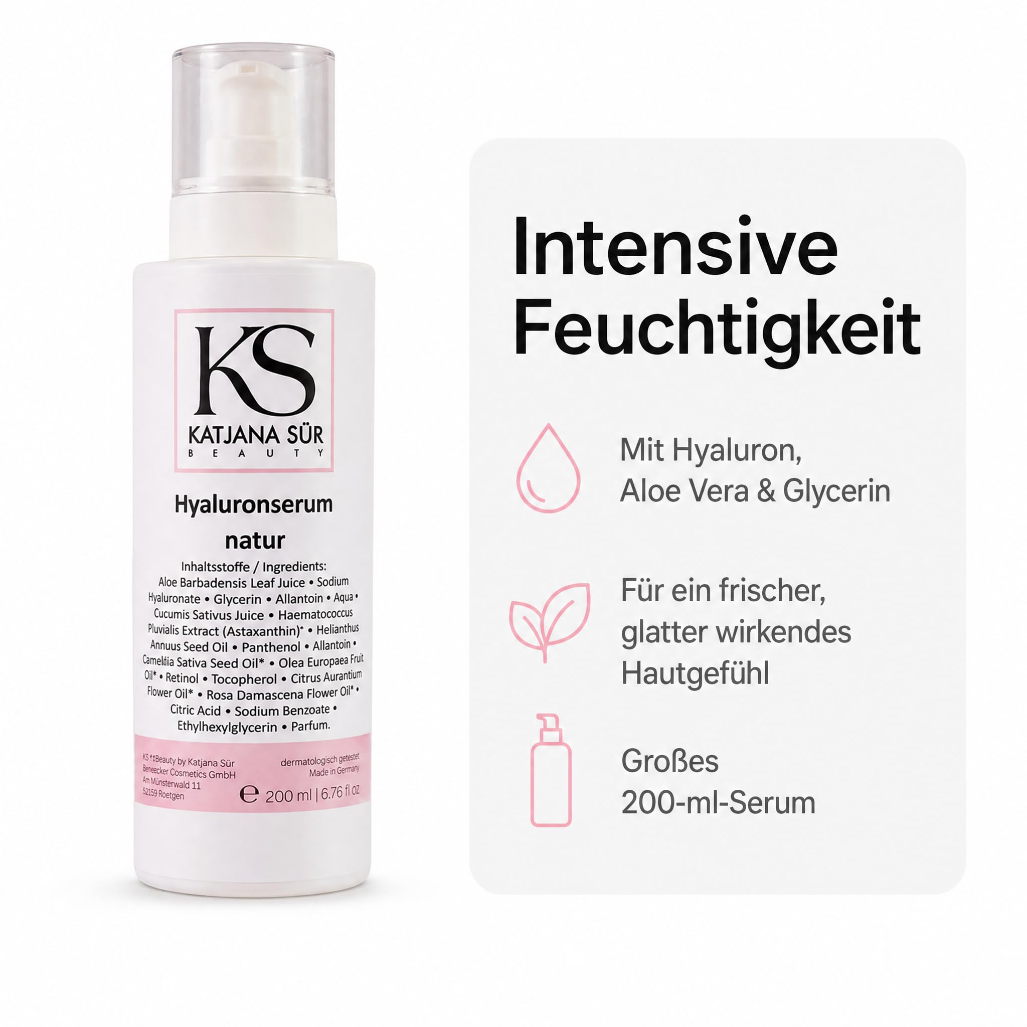 KS Beauty Hyaluron Serum Gesicht mit Retinol & Aloe Vera, 200 ml | Feuchtigkeitsserum mit Hyaluronsäure, Astaxanthin & Vitamin E – dermatologisch getestet, Made in Germany