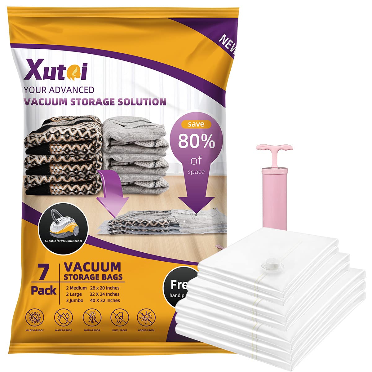 XUTAI Vacuum Storage Bags - 7 Packs Space Saver Bags Vacuum Seal Bags (3 Jumbo, 2 Large, 2 Medium) with Pump, 80% More Storage! Large Vacuum Bags for Clothes, Comforters, Blanket, Bedding