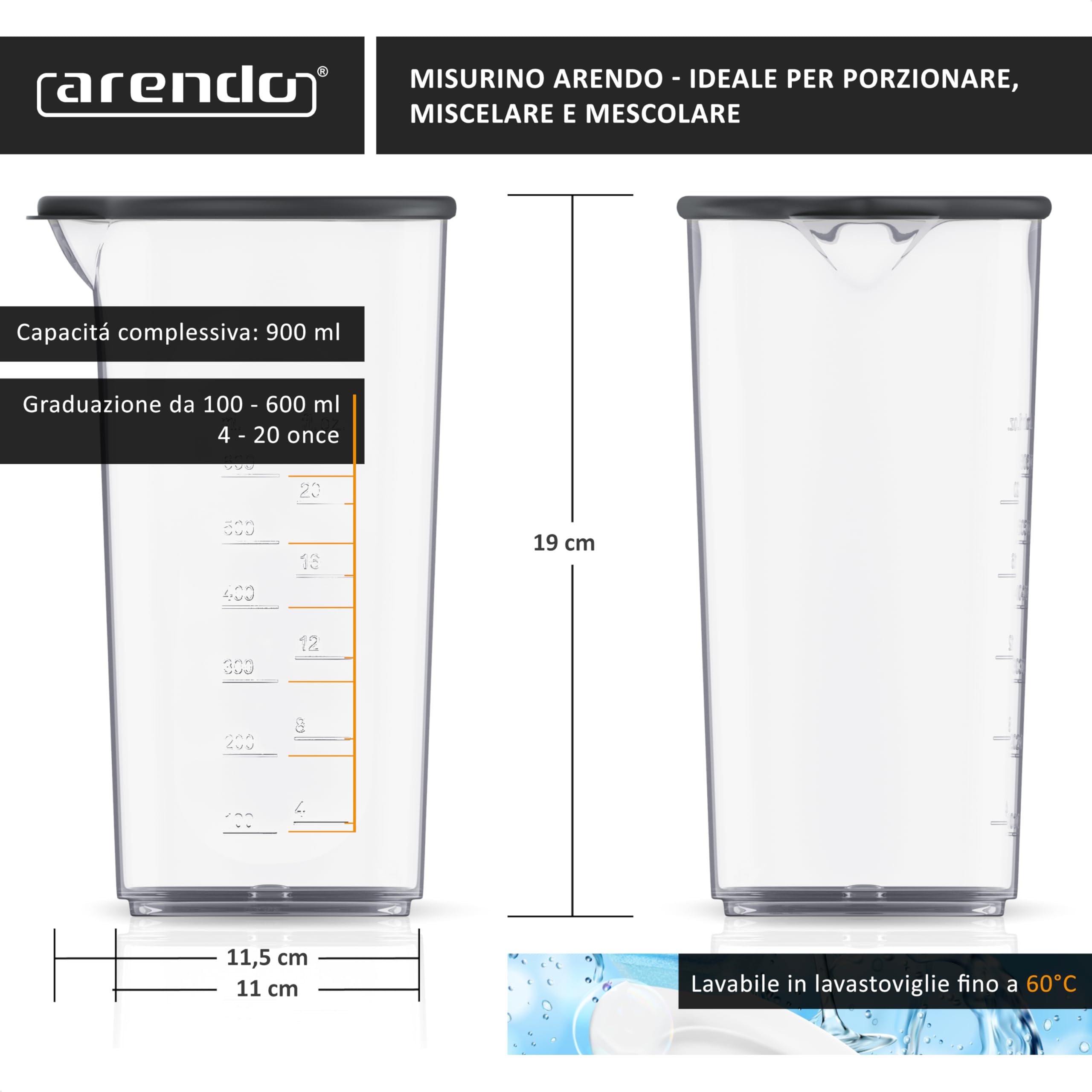 Arendo – Bicchiere per mixer ad immersione da 600 ml – Ideale per frullatore a mano - Misuratore con tappo – Bicchiere per frullati in Copolimero SAN termoresistente