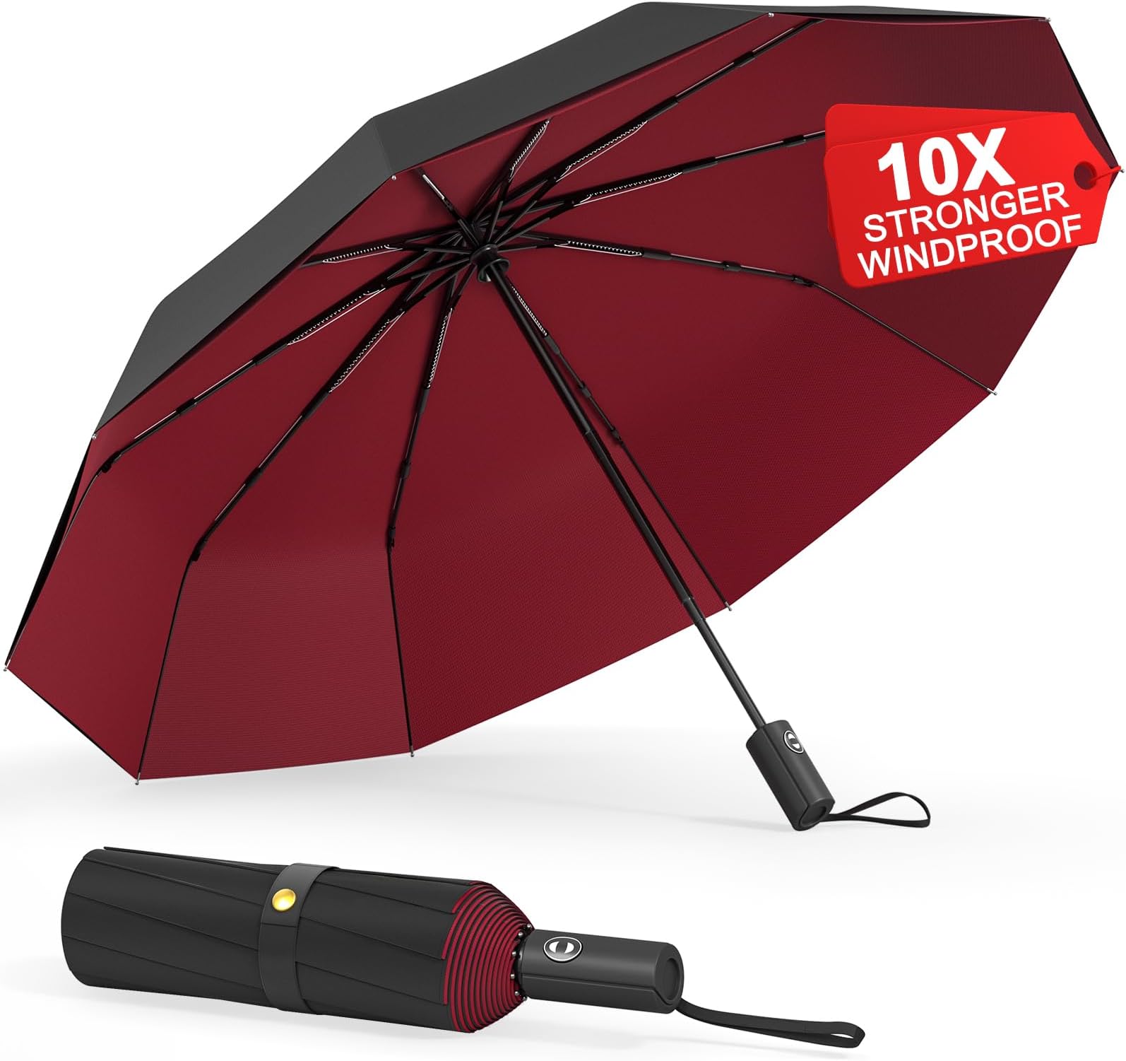 BALORIZWindproof Double Layer Umbrellas, Compact Travel Folding Umbrella, Auto Open & Close Portable Wind & Rain Resistant Umbrella with 10 Ribs for Men, Women, Children (Wine Red)