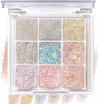 Glitter Eyeshadow Palette with 9 Shimmer Colours, White Silver Pink Purple Blue Shades, Highly Pigmented Long Lasting Waterproof Sparkle Eye Makeup for Women
