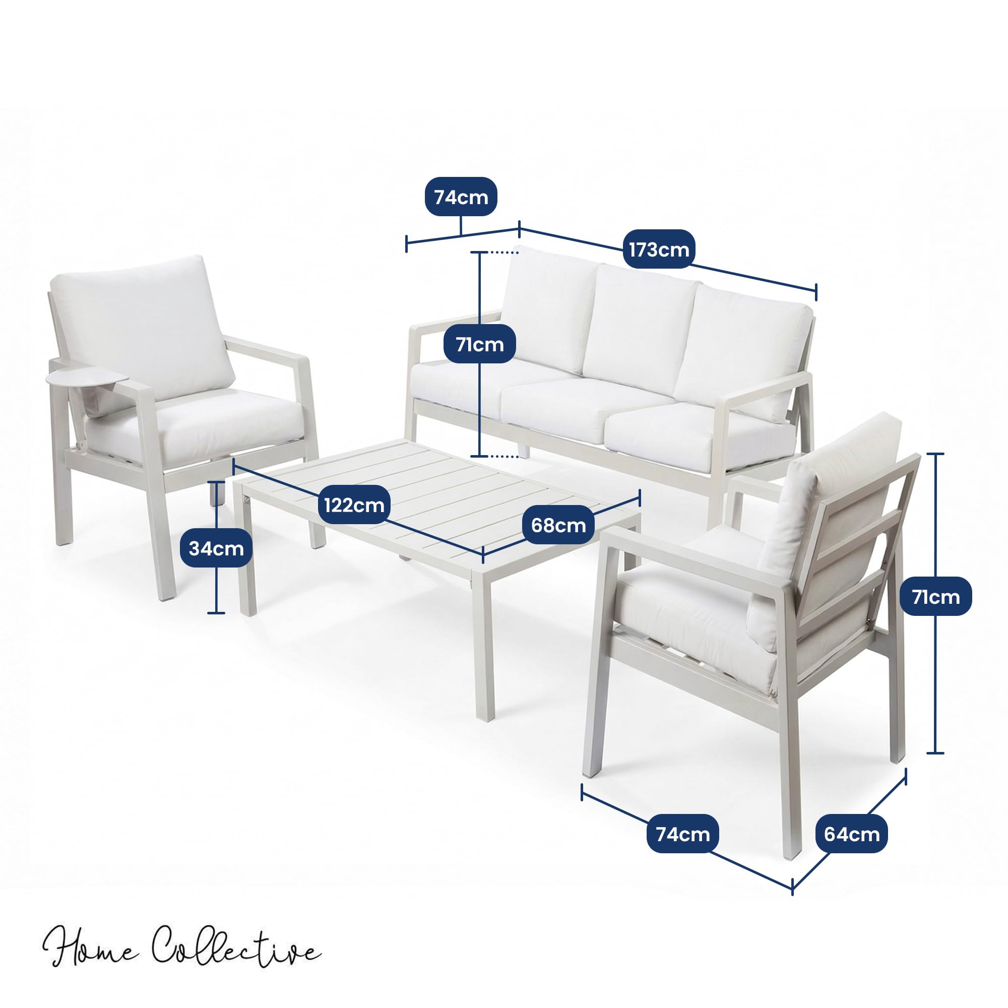 Home Collective Gartenmöbel Set Lounge Möbel Outdoor Outdoormöbel | 4-teilig | 3-Sitzer Sofa 2 Stühle 1 Tisch | abziehbare Kissen Metallgestell | Möbel Garten Terrasse Balkon | Weiß