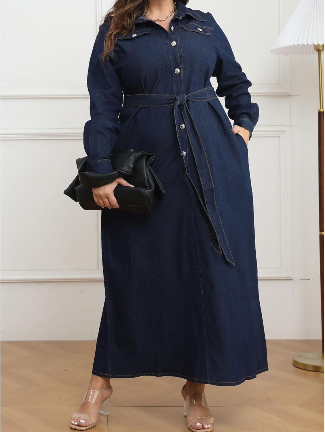 Sexyshine Women's Long Sleeve Full Button Closure Denim Dress Lapel V Neck A Line Plus Size Fall Jeans Maxi Dresses