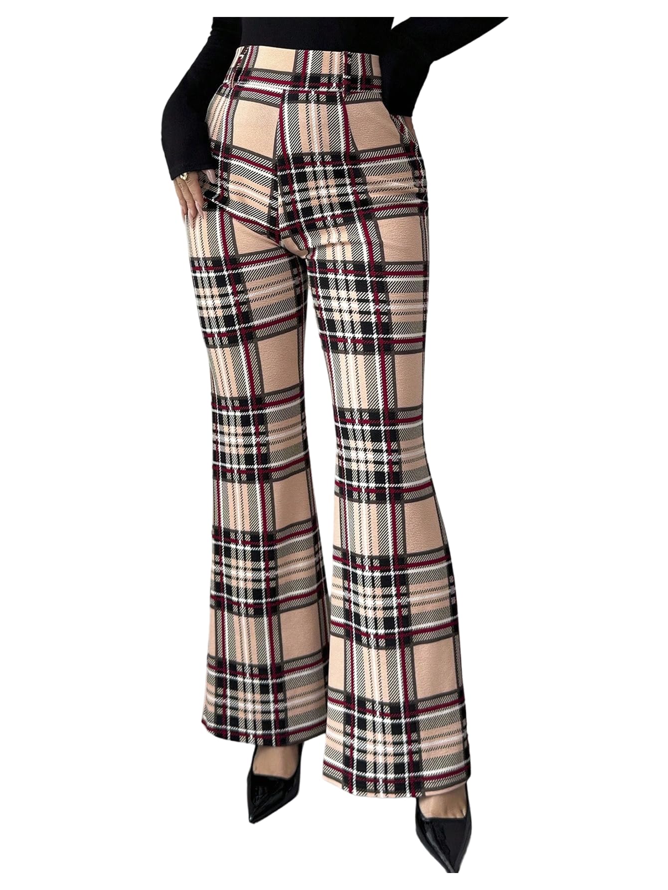 MakeMeChic Womens Winter Plaid Pants High Waisted Business Work Flared Leg Trousers Bell Bottoms