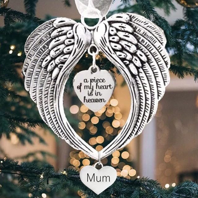 MOTONG Christmas Memorial Ornament Baubles, Angel Wings Pendants Shape a piece of my heart is in heaven Two Sweet Heart Shaped Ornaments For Christmas Tree Hanging Decoration(Mum)