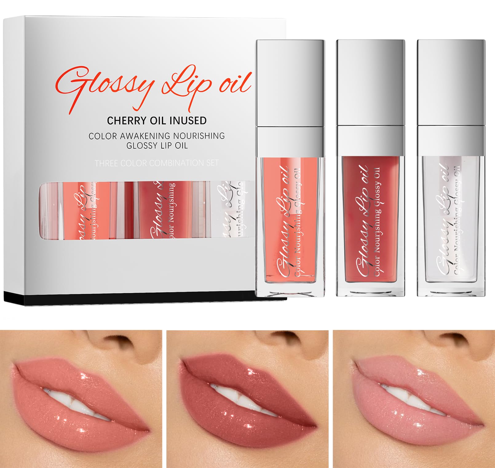 3 Colores Juegos de Brillo de Labios,Hidratante Labios Aceite Tintado Set, Ligero No Pegajoso Brillo de Labios, Alto Brillo Labial Plumping Lipstick(Set B)