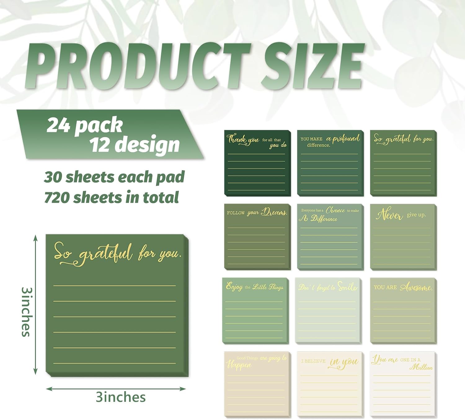 FYSUIMU 24 Pack Sage Green Employee Appreciation Sticky Notes Inspirational Adhesive Lined Note Pads Motivation Post Memo Pads Thank You Gifts for Staff Coworker Office image 2